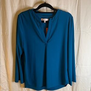 Jude Connally Teal Split-Neck Long Sleeve Blouse